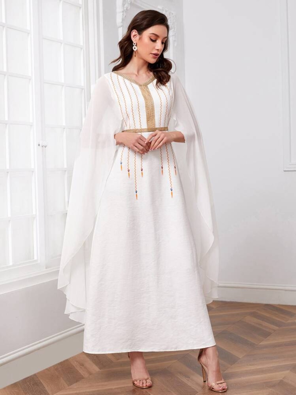 Brand New SHEIN White Maxi Dress with Gold Embroidered Accents